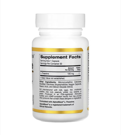 California Gold Nutrition, L-théanine, Avec AlphaWave®, 100 mg, 30 capsules végétales