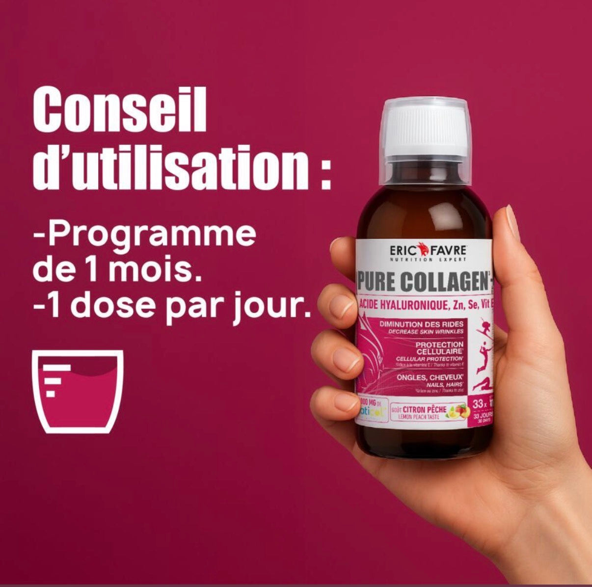 Pure Collagen + - Formule liquide 500 ml - Format éco Pêche - Citron