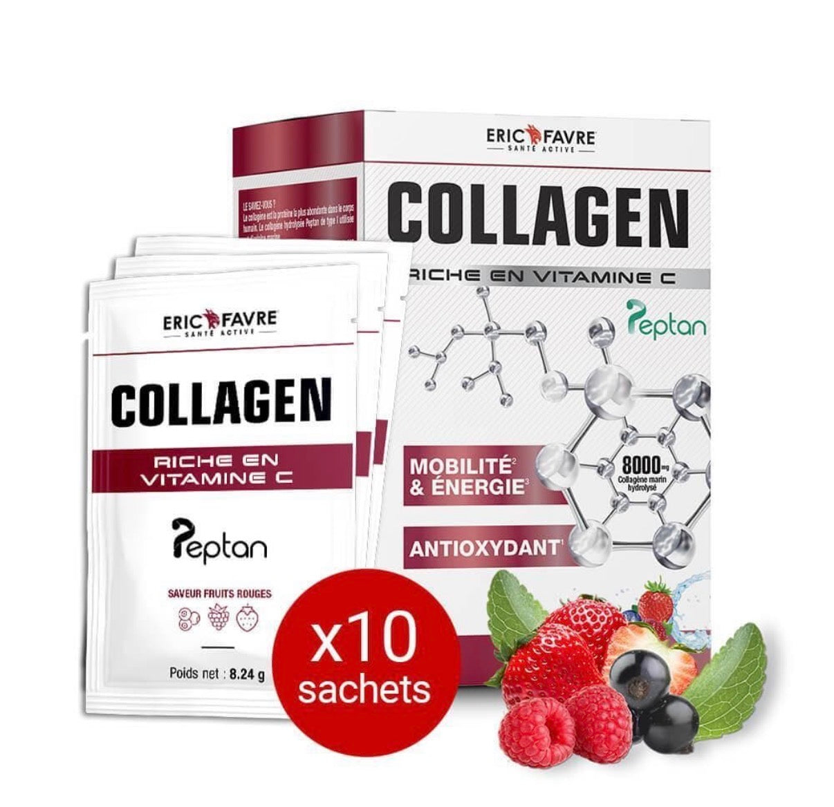 Collagen Peptan en poudre - Collagène marin hydrolysé et enrichi en vitamine C Fruits rouges Etui de 10 unités