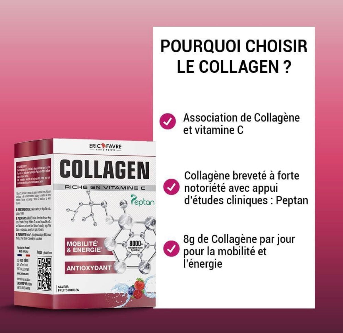 Collagen Peptan en poudre - Collagène marin hydrolysé et enrichi en vitamine C Fruits rouges Etui de 10 unités